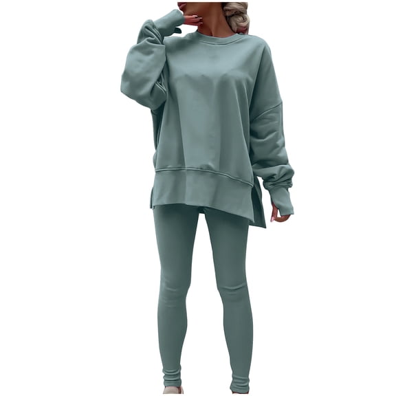 Women's Fashionable Solid Color Casual Long Sleeved Round Neck Hoodie Top Stripe Pants Set,Mint Green,L
