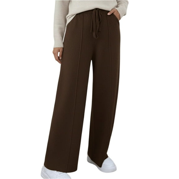 Women's Fashionable Solid Color Drawstring Pocket High Waist Casual Straight Leg Pants for Daily Wear and Office Comfort,Coffee,S