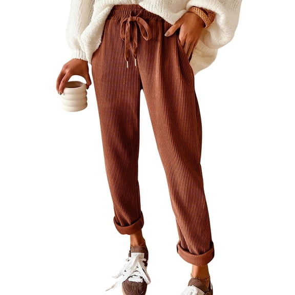 Women's Fashionable Solid Color Elastic Waist Pocket Drawstring Straight Leg Casual Pants, Corduroy Fabric for Comfortable and Chic Everyday Wear,Brown,L