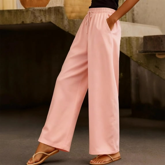 Women's Fashionable Solid Color Elastic Waist Pocket Drawstring Straight Leg Casual Pants, Loose Fit Trousers,Pink,M