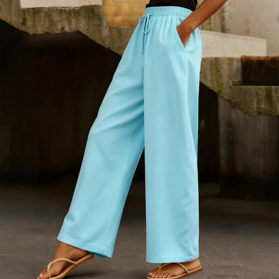 Women's Fashionable Solid Color Elastic Waist Pocket Drawstring Straight Leg Casual Pants, Loose Fit Trousers,Sky Blue,XL