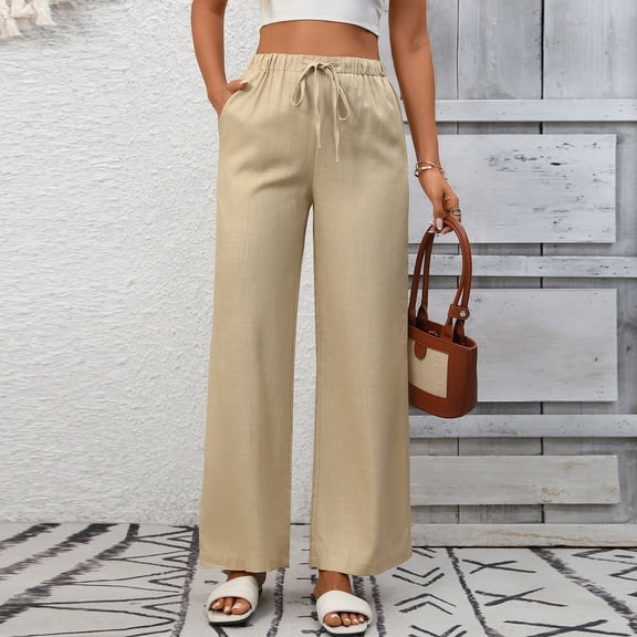Women's Fashionable Solid Color High Waist Casual Drawstring Pocket Loose Wide Leg Pants, Comfort Lounge Pants,Khaki,S