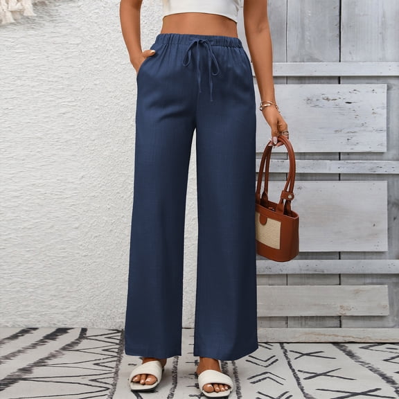 Women's Fashionable Solid Color High Waist Casual Drawstring Pocket Loose Wide Leg Pants, Comfort Lounge Pants,Navy,L