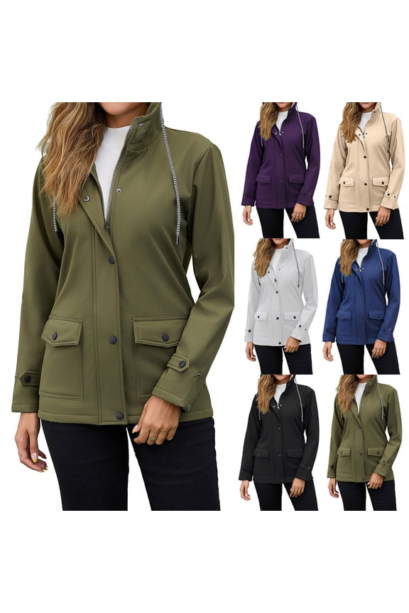 Women's Fashionable Solid Color Long Sleeved Hooded Zipper Windbreaker, Composite Velvet Waterproof Jacket for Outdoor Activities and Rainy Days,Blue,S