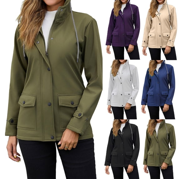 Women's Fashionable Solid Color Long Sleeved Hooded Zipper Windbreaker, Composite Velvet Waterproof Jacket for Outdoor Activities and Rainy Days,Blue,XL