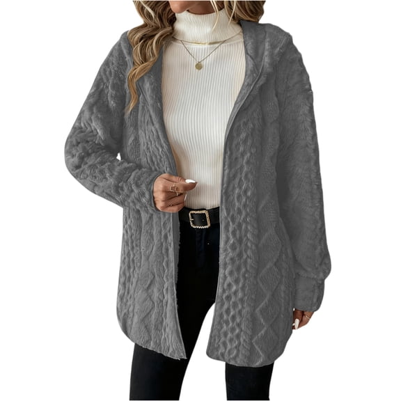 Women's Fashionable Solid Color Long Sleeved Loose Hooded Cardigan Plush Jacket, Open Front Warm Outerwear for Casual Comfort,Dark Gray,2XL