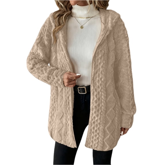 Women's Fashionable Solid Color Long Sleeved Loose Hooded Cardigan Plush Jacket, Open Front Warm Outerwear for Casual Comfort,Khaki,M