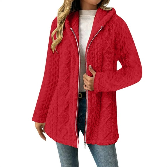 Women's Fashionable Solid Color Long Sleeved Loose Hooded Zipper Down Plush Jacket, Embroidered Design for Cozy and Chic Look,Red,S
