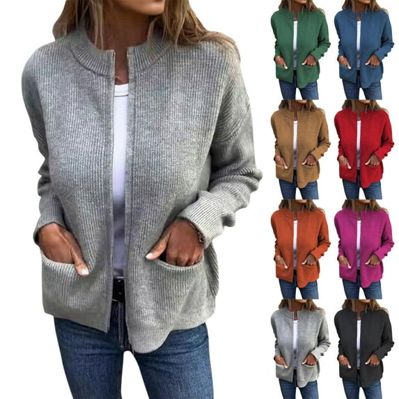 Women's Fashionable Solid Color Long Sleeved Stand Up Collar Zipper Loose Pocket Jacket Casual Jacket for Fall Winter Outdoor Activities,Red,XL
