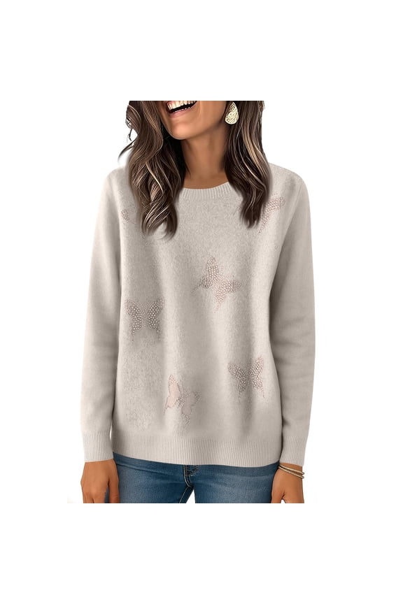 Women's Fashionable Solid Color Round Neck Long Sleeved Loose Base Shirt With Rhinestone Butterfly Knit Sweater TopCasual Daily Wear,Comfy Knitwear for Women