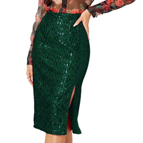 Women's Fashionable Solid Color Sequin Zipper Slim Fit Pencil Skirt with Slit - Pink S