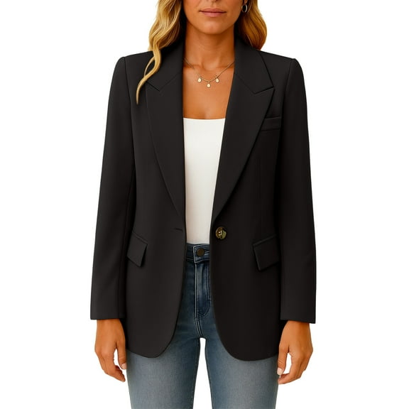 Women's Elegant Solid Color Suit Jacket - Notched Collar Single Button Pockets Casual Commuting Outerwear, Black, S
