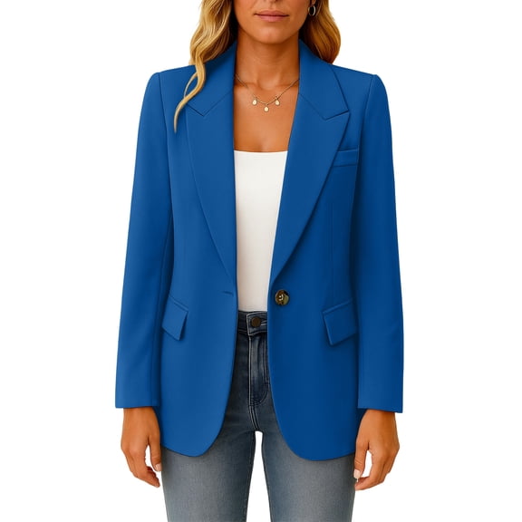 Women's Fashionable Solid Color Suit Jacket with Single Button Pocket and Casual Commuting Blazer, Elegant Office Wear for Women,Blue,XL