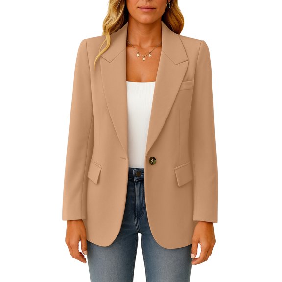Women's Fashionable Solid Color Suit Jacket with Single Button Pocket and Casual Commuting Blazer, Elegant Office Wear for Women,Khaki,L