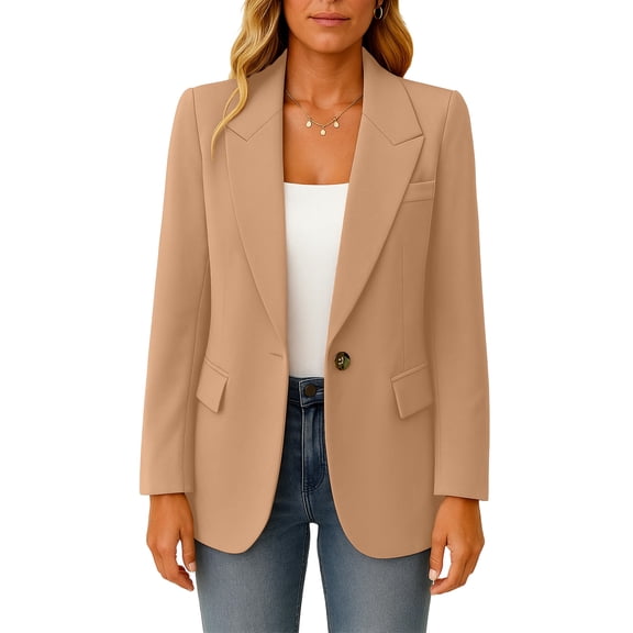 Women's Fashionable Solid Color Suit Jacket with Single Button Pocket and Casual Commuting Blazer, Elegant Office Wear for Women,Khaki,M