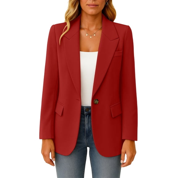 Women's Fashionable Solid Color Suit Jacket with Single Button Pocket and Casual Commuting Blazer, Elegant Office Wear for Women,Red,L