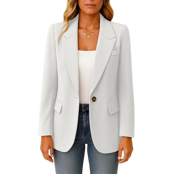Women's Fashionable Solid Color Suit Jacket with Single Button Pocket and Casual Commuting Blazer, Elegant Office Wear for Women,White,M