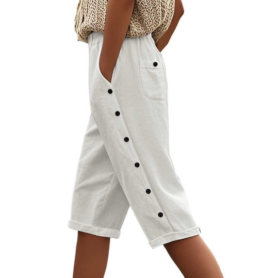 Women's Fashionable Solid High Waist Capri Pants with Pocket, Button, and Drawstring, Casual Style, Polyester Spandex, Multiple Sizes