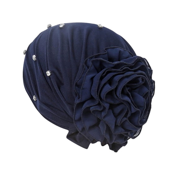 Women's Fashionable Solid Striped Bow Headscarf Ladies Winter Knit Set, Navy