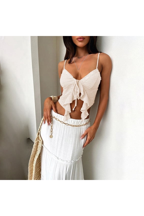 Women's Fashionable Spicy Girl Vest with European Style Floral Lace Suspender Top Beige S
