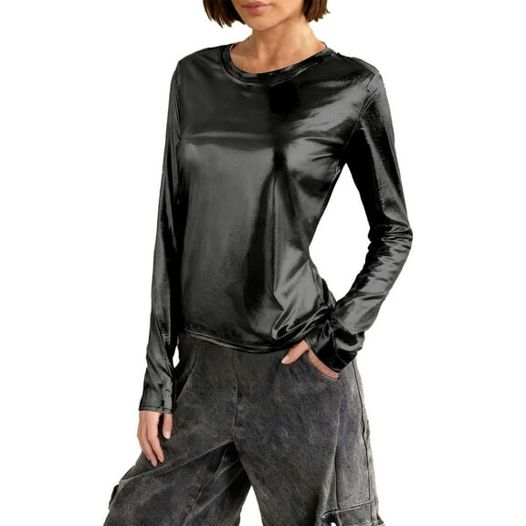 Women's Fashionable Spring And Summer Shiny Metal Long Sleeved Round Neck Base Slim Top