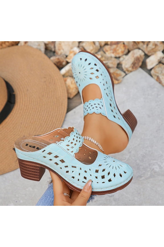Women's Fashionable Spring Summer High Heel Slippers-Solid Color Closed Toe Chunky Heel Sky Blue 37