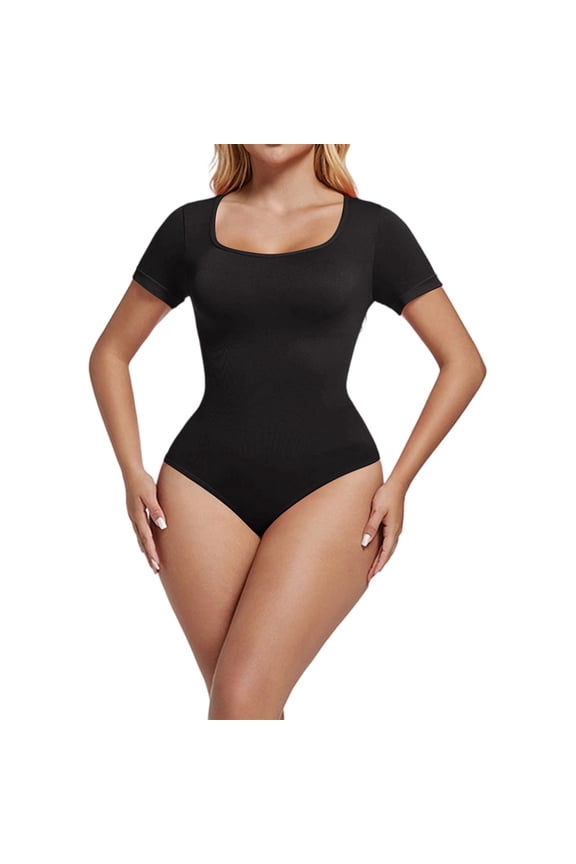 Women's Fashionable Square Neckline Slim Waist Cinching Seamless Short-Sleeved Bodysuit Shapewear - Tummy Control Body Shaper Jumpsuit - Black