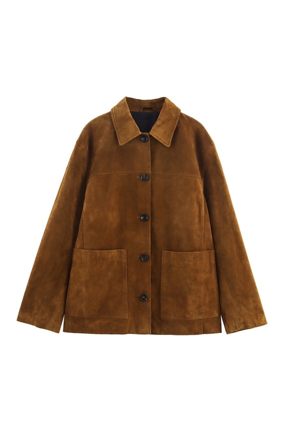 Women's Fashionable Suede Solid Color Loose Fit Suede Leather Long-Sleeved Jacket, Chic and Comfortable for Daily Use,Brown,L