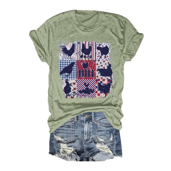 Women's Fashionable Summer Double Printed Round Neck Short Sleeved Holiday Casual T Shirt Top