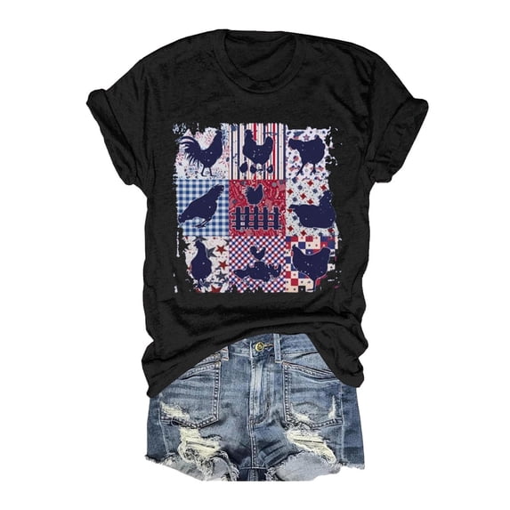 Women's Fashionable Summer Double Printed Round Neck Short Sleeved Holiday Casual T Shirt Top