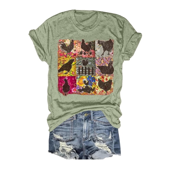 Women's Fashionable Summer Double Printed Round Neck Short Sleeved Holiday Casual T Shirt Top