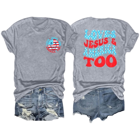 Women's Fashionable Summer Double Printed Round Neck Short Sleeved Holiday Casual T Shirt Top