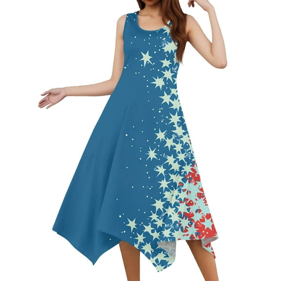 Women's Fashionable Summer Dress Sleeveless Round Neck Midi Sundress with Patriotic Print and Irregular Hem Design,Sky Blue S