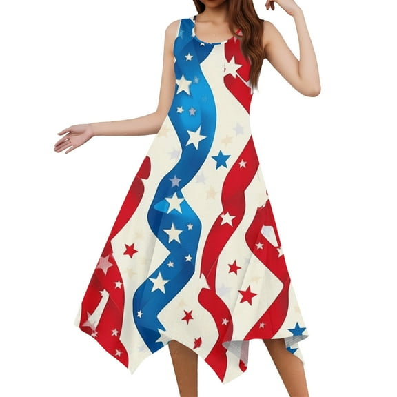 Women's Fashionable Summer Dress Sleeveless Round Neck Midi Sundress with Patriotic Print and Irregular Hem Design,Vermilion S