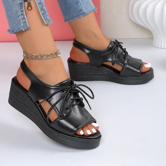 Women's Fashionable Summer Thick Sole Outdoor Wedge Sandals-Lace Up Casual Slippers Black 36