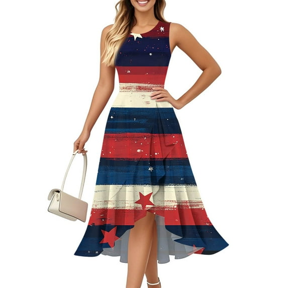 Women's Fashionable Sundress Sleeveless Round Neck Dress with Patriotic Print, Ruffled Hem and Zip Design for Summer Outfits,Khaki M