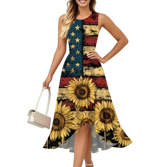 Women's Fashionable Sundress Sleeveless Round Neck Dress with Patriotic Print, Ruffled Hem and Zip Design for Summer Outfits,Yellow 2XL