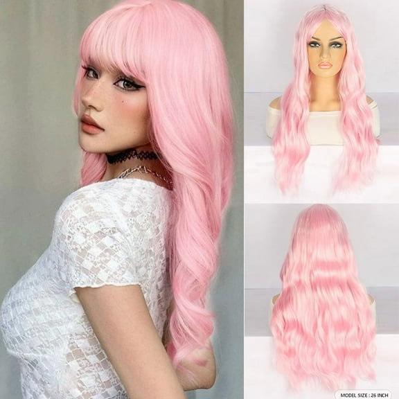 Women's Fashionable Synthetic Hair Wig Pink Middle-Parted Bangs Long Curly Waves