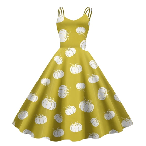 Women's Fashionable Thanksgiving Printed Strap Zipper Casual Retro Long Dress (1)
