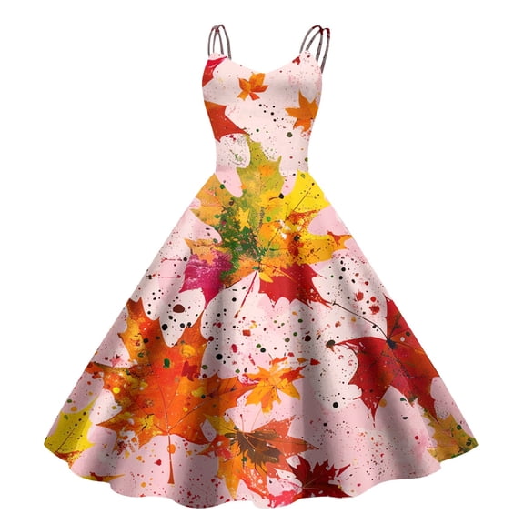 Women's Fashionable Thanksgiving Printed Strap Zipper Casual Retro Long Dress (3)