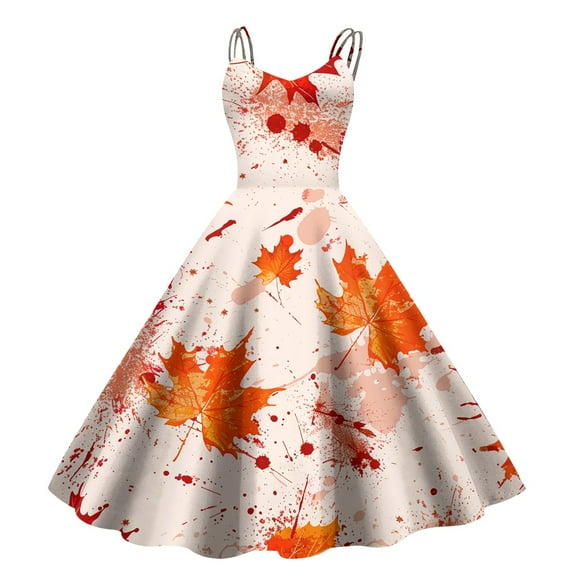 Women's Fashionable Thanksgiving Printed Strap Zipper Casual Retro Long Dress (3)