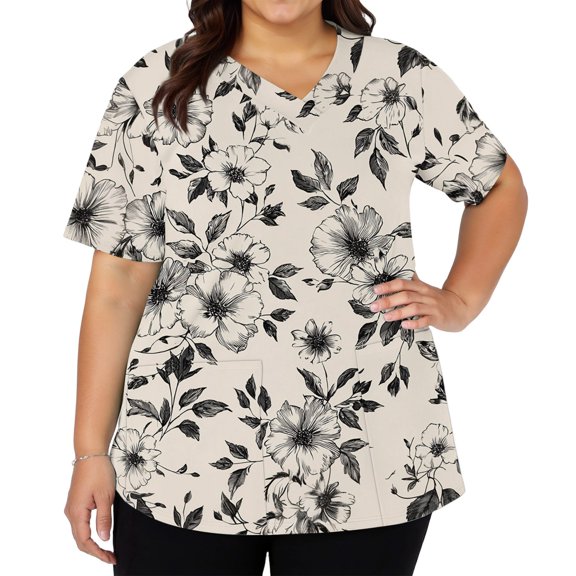 Women's Fashionable V-Neck Short Sleeve Work Top with Double Side Slits and Pockets, Retro Floral Print Blouse for Nursing, Uniform, and Casual Workwear,Beige,S