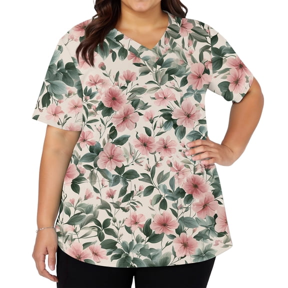 Women's Fashionable V-Neck Short Sleeve Work Top with Double Side Slits and Pockets, Retro Floral Print Blouse for Nursing, Uniform, and Casual Workwear,Black,S