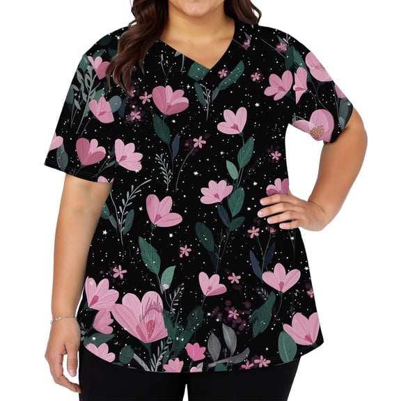 Women's Fashionable V-Neck Short Sleeve Work Top with Double Side Slits and Pockets, Retro Floral Print Blouse for Nursing, Uniform, and Casual Workwear,Black,S