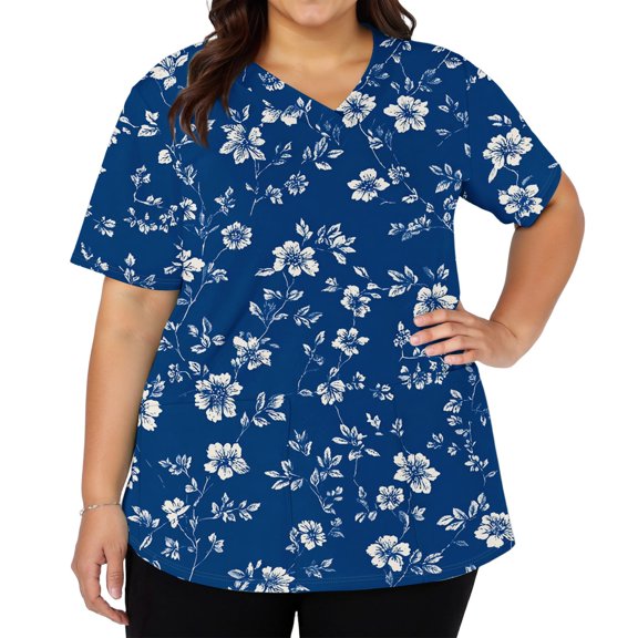 Women's Fashionable V-Neck Short Sleeve Work Top with Double Side Slits and Pockets, Retro Floral Print Blouse for Nursing, Uniform, and Casual Workwear,Blue,S