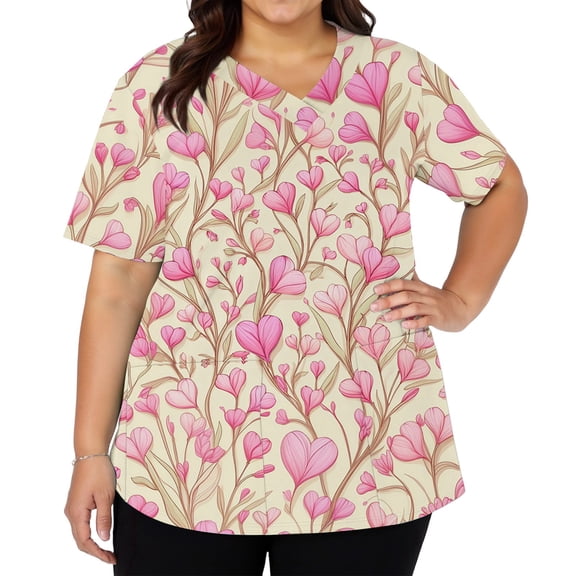 Women's Fashionable V-Neck Short Sleeve Work Top with Double Side Slits and Pockets, Retro Floral Print Blouse for Nursing, Uniform, and Casual Workwear,Light pink,5XL