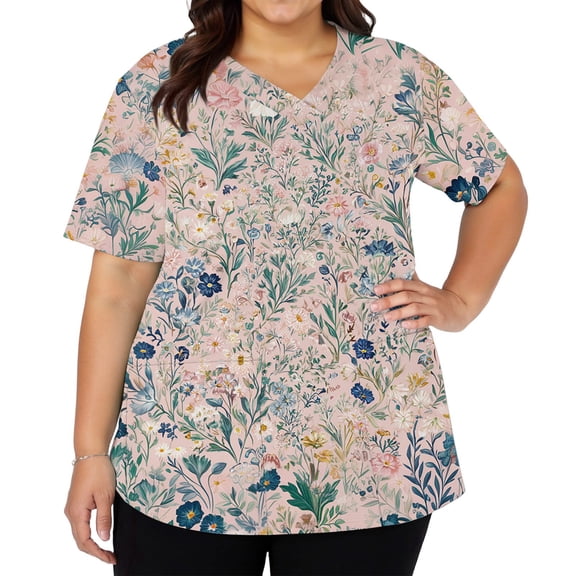 Women's Fashionable V-Neck Short Sleeve Work Top with Double Side Slits and Pockets, Retro Floral Print Blouse for Nursing, Uniform, and Casual Workwear,Light pink,5XL