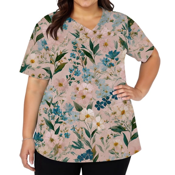 Women's Fashionable V-Neck Short Sleeve Work Top with Double Side Slits and Pockets, Retro Floral Print Blouse for Nursing, Uniform, and Casual Workwear,Purple Pink,5XL