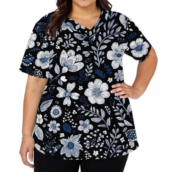 Women's Fashionable V-Neck Short Sleeve Work Top with Double Side Slits and Pockets, Retro Floral Print Blouse for Nursing, Uniform, and Casual Workwear,Purple Pink,5XL