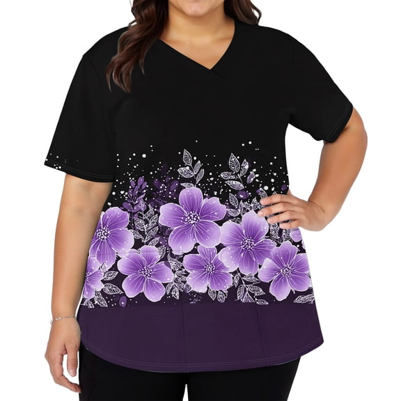Women's Fashionable V-Neck Short Sleeve Work Top with Double Side Slits and Pockets, Retro Floral Print Blouse for Nursing, Uniform, and Casual Workwear,Purple,S